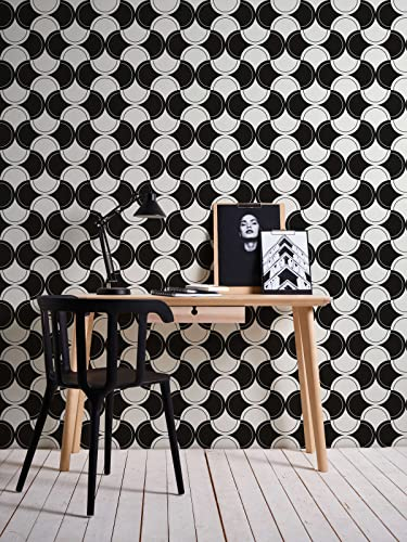 New Walls Retro Tapete 70er Stil Vliestapete schwarz weiß geometrisches Kreismuster | 10,05 x 0,53 m