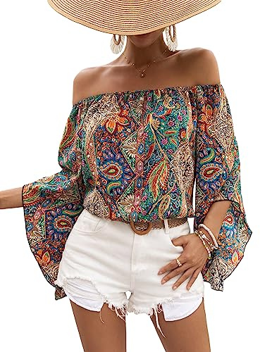 Floerns Women's Boho Off Shoulder 3/4 Bell Sleeve Summer Blouse Top Multi Paisley L