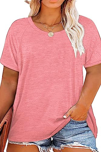 FANGJIN Tee Shirt Grande Taille Oversize Vetement Femme Ete Tunique T-Shirts À Manches Courtes Femme Tee Shirt Long Uni Chic Pas Cher Top Sexy Sport Col Rond Ample Haut Rose XXXXL 56 58