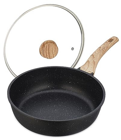 Relaxdays Braising Pan, Ø 28 cm, Glass Lid, Aluminium, Non-Stick Coating, Induction, Frying, Handle, Black/Natural, 14 x 48 x 29.5 cm