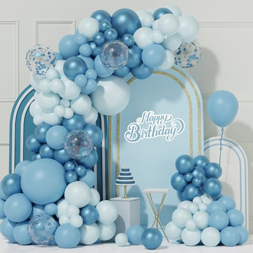 Ballonbogen zum Geburtstag, Blau, 99-teiliges Set, Luftballon, Himmelblau mit Macaronblau, Metallic, Blau, Konfetti-Ballon, Dekoration für Taufe, Jungen, Hellblau, für Geburtstag, Babyparty, Deko