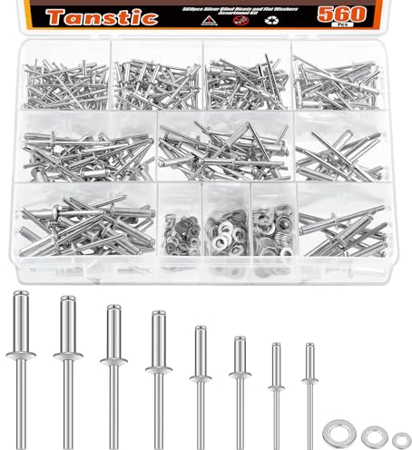 Tanstic Kit de 560 rivets pop en aluminium argenté, 8 tailles de fixations à rivets aveugles avec 3 tailles de rondelles de secours, kit d'assortiment pour meubles d'aviation automobile