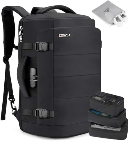 Tzowla Sac a Dos Voyage Cabine Avion 40L pour Ordinateur Portable pour Homme et Femme,Sac à Dos de Etanche Grande Capacité Antivol Avec Port de USB,Sac à Dos PC Portable de 17,3 Pouces, Noir