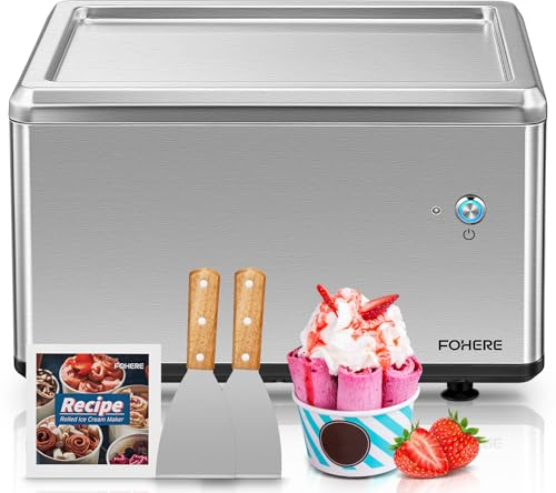 Selbstkühlende Roll-Eismaschine für Zuhause mit Kompressor, Soft Eis in nur 3 Mins, One-Touch Bedienung, Vielfältige Sortenwechsel, Gesunde Selbstgemachte Ice Cream Rolls, Rezept, 2 Spachteln, FOHERE