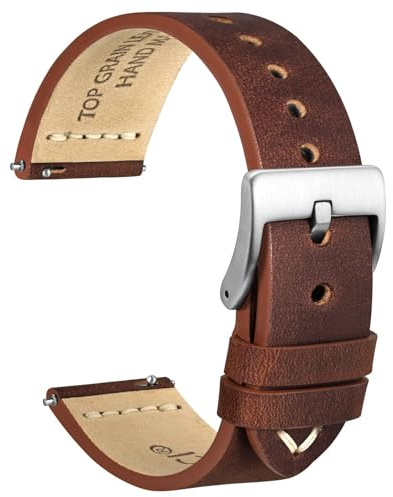 WOCCI 18mm Antigua Correa Reloj para Hombre, Cuero de Sillín, Hebilla Plateada (Nuez Marrón)