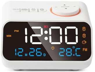 Réveil multifonction avec radio FM, horloge numérique LED rechargeable avec affichage de la température et de l'humidité, prend en charge l'activation du son, la luminosité / le volume réglable