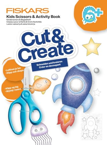 Fiskars Tijeras Infantiles y Libro de Manualidades con Consejos y Trucos, A partir de 6 años, Para diestros, Acero inoxidable/plástico, Azul, 1077664