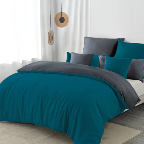 Nesture Ropa de cama de 155 x 220 cm, 2 piezas, color petróleo/antracita, ropa de cama de microfibra, 155 x 220 cm, suave y planchada, 1 funda nórdica + 1 funda de almohada de 80 x 80 cm, con cierre