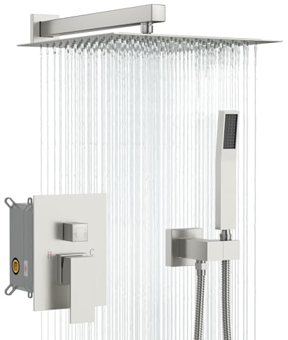 Sarlai Duschsystem Badezimmer Duscharmatur Quadratischer Regenduschkopf und Griff Combo Wandmontage Duscharmatur mit Ventil 30,5 cm Duschkopf Verkleidungssysteme Gebürstetes Nickel