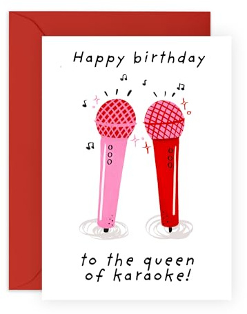 Carte d'anniversaire pour reine du karaoké – Thème amusant et musical avec microphones et notes – Pour elle, amis, meilleure amie, sœur, tante, maman, amateurs de chant – Livré avec autocollants