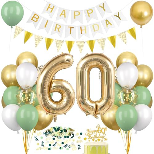 Decorazione per il 60° Compleanno Verde Oro, Palloncini 60 Anni Compleanno, Happy Birthday Ghirlanda Palloncino Decorazioni per Festa di 60 Compleanno Uomini Donne