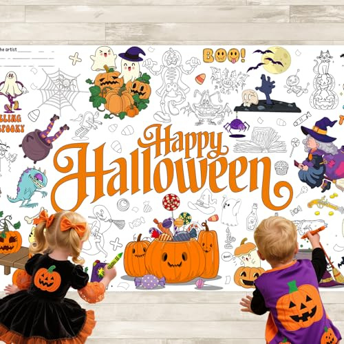 AinDen Nappe à colorier géante Halloween pour Enfants – 183x76cm – Bannière de coloriage Jumbo – Activités créatives, Bricolage et décoration de fête d’Halloween