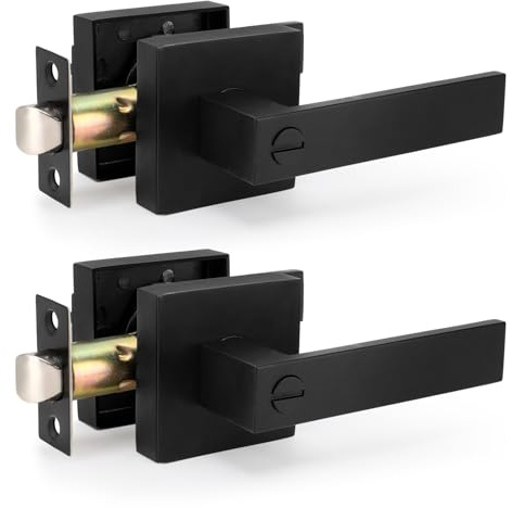 MEKOTRIN Privacy Door Lever 2 Pack, Interior Privacy Door Lever, Keyless Square Entry Door Handle Set for Bedroom Office Bathroom Aluminum Alloy Matte Black Door Knob Left or Right Handing