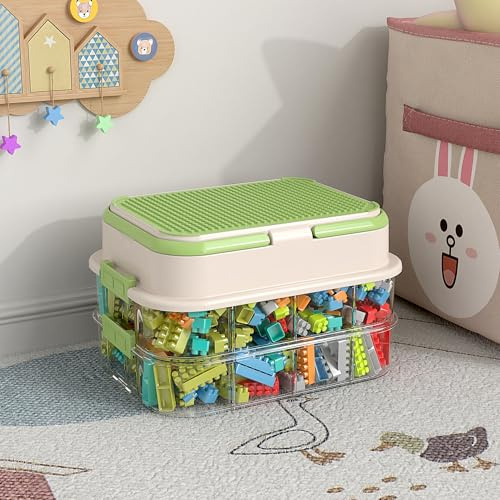 joyingbaby Toy Storage Organizer Box with Handle, Stackable Building Block Toy Box with Building Plate Lid & Removable Sorting Trays, Cubby Bins and Containers 2 Layer (Green)