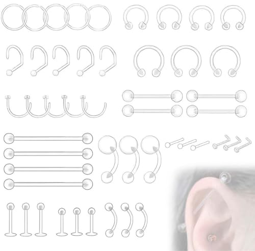 HABNI Dischetti Silicone Piercing 48Pz Retainer Trasparente Bioflex Plastica Per Naso Orecchio Septum Lingua Ombelico Capezzoli Teflon Sopracciglio Labret Trago Industrial