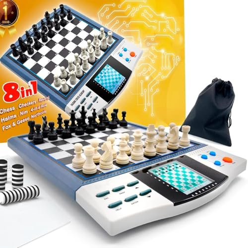 jcwwolk Juego De Ajedrez Inteligente 8 En 1, Mentor De Voz Incorporado Y Función De Ahorro Automático, Compacto Y Ligero, Fácil De Llevar, Juguete Educativo con Múltiples Juegos De Mesa Clásicos