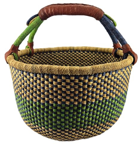 Cesto Rotondo Bolga Grande circa Ø 40 x 40 cm – Artigianale dal Ghana – Fair Trade – Cesto per la spesa con manico in pelle – Verde-Naturale