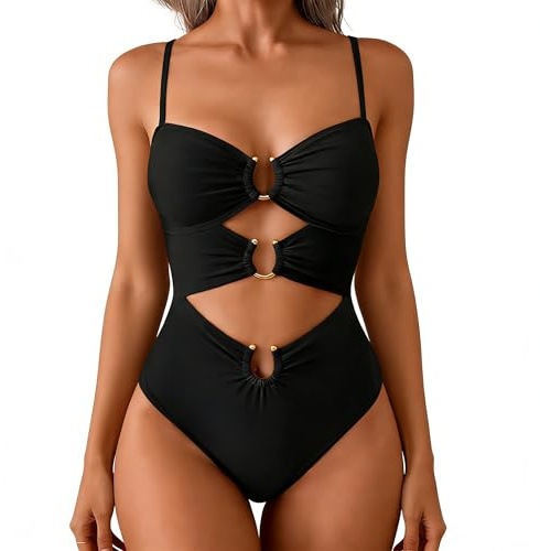 EOAMGO Swimming Costume Womens, Tummy Control Swimsuit Swimwear, Ladies One Piece Halter Neck Swimsuits, Sexy Swim Bathing Suits for Women UK (UK, Alpha, L, Regular, Regular, Black)