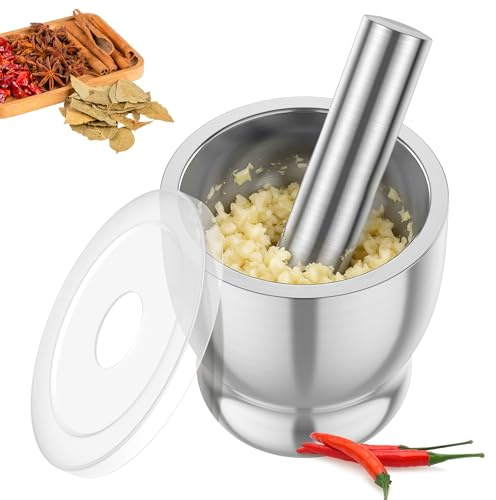 Mortel med stöt rostfritt stål, mortel och mortel med plastlock och halkfri bas, manuell tablettmortel, för peppar, ingefära, vitlök, nötter, 9,9 cm diameter (silver)