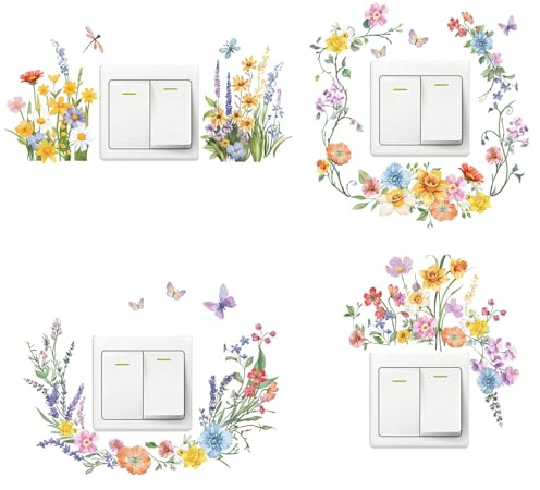 FUFUQUARE Pegatinas de Pared Flores Acuarela para interruptor y Enchufes Adhesivos Pared Decorativo Mariposas Diseño Floral Vintage Vinilos para Salón Dormitorio Cocina 4 Piezas 15x15cm