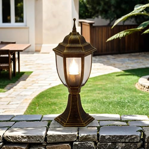Licht-Erlebnisse Sockelleuchte für Aussen Garten in antik aus Aluguss E27 230V Wegeleuchte Wegelampe Außenleuchte Hof