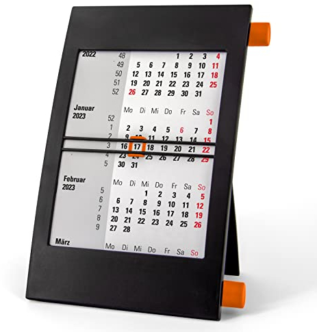 Truento 3-Monats-Tischkalender für 2 Jahre (2025 & 2026) - mit Drehmechanik - schwarz/orange