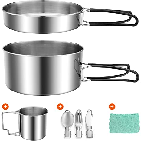 Odoland Camping Topf Edelstahl, Faltbar und Stapelbar Outdoor Kochgeschir, Camping Kochgeschirr für Camping Wandern Picknick