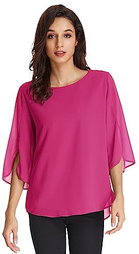 GRACE KARIN Women Loose Chiffon Blouse Elegant 3/4 Split Sleeves Floral Top Crew Neck T-Shirt for Party Deep Pink XL