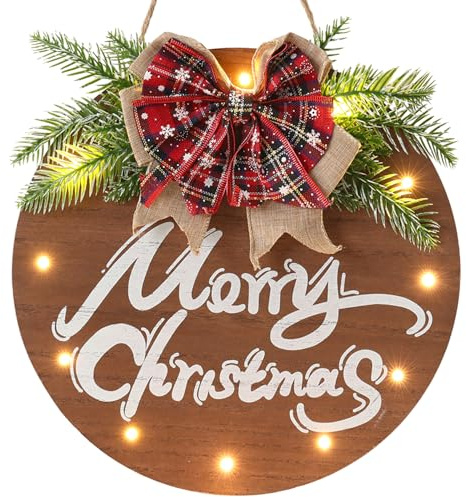 HOMCDALY Merry Christmas Sign for Front Door, Wooden Hanging Sign Door Decoration with 12 LED Light, Winter Welcome Wreath indoor outdoor Décor, Christmas Decoration.