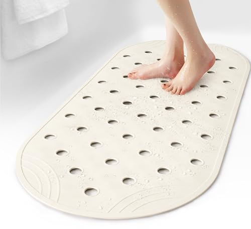 SelfSuite Tappetino in gomma per vasca da bagno e doccia, antiscivolo, 80 x 35 cm, con ventose e fori di drenaggio, bianco avorio