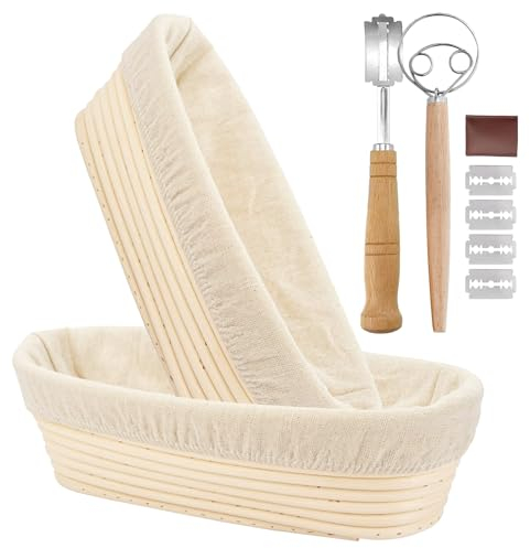 Set di cestini per la lievitazione, per pane, ovali, in rattan, 30 cm e 35 cm, per pane con accessori, frusta, coltello da forno, ideale per cuocere il pane in rattan naturale