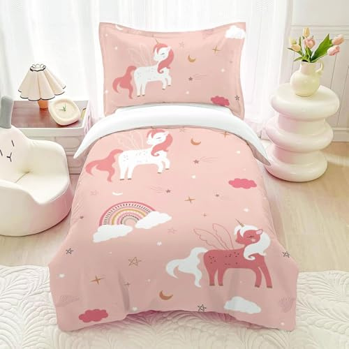 HOMHOMHA Hom, biancheria da letto con unicorno, 135 x 200 cm, per bambini, con federa da 80 x 80 cm, 2 pezzi
