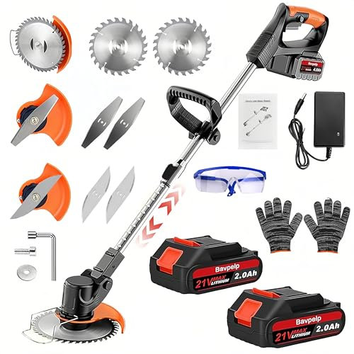 Tondeuse à gazon avec batterie, tondeuse sans fil 3 en 1 avec batterie 2 × 2,0 Ah, 3 types de lames de coupe, poignée réglable, tête rotative à 90° pour jardin/pelouse/maison/rue