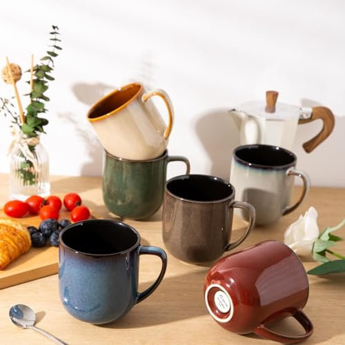 Juego de 6 tazas de café de cerámica de porcelana de 350 ml con asa grande para café con leche, capuchino, leche, cacao, lavavajillas y microondas
