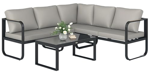 Outsunny Set Salotto da Giardino da 3 Pezzi, con Divanetto da Esterno a 3 Posti Regolabile in 5 Posizioni, Divano 2 Posti, Tavolo da Caffè in Vetro e Cuscini, Set di Mobili in Metallo, Grigio/Nero