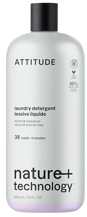 ATTITUDE Laundry Detergent Liquid, Plant-Based Ingredients, EWG Verified, High Efficiency, White & Colored Clothing, Lemon & Rosewood, 38 Loads, 950 mL