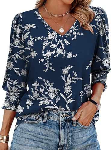 Aokosor Womens 3/4 Sleeve Tops Ladies Blouses V Neck T Shirts Puff Sleeve Tunic Curved Hem Office Wear Size 14-16 Navy White Floral