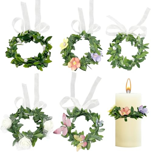 5 Pcs Drip Protection Communion Candle, Candle Wreaths Decorative, Candle Garland, Artificial Eucalyptus Leaves Candles Wreaths, Greenery, for Wedding Home Party Tabletop Decoration