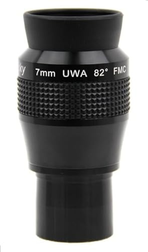 Oculare Tecnosky UWA 7mm 82°. Oculare dotato di un complesso schema ottico a 7 elementi che permette la visione corretta ed incisa su tutto il campo. Trattamento anti riflesso FMC su tutte le lenti.