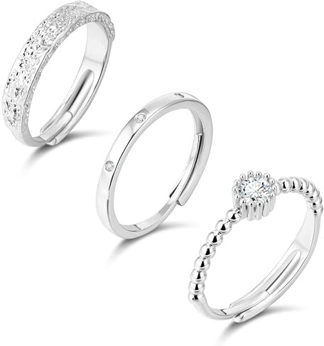 ALEXCRAFT Set de 3 Anillos de Mujer Ajustables y Apilables Anillos en Plata 925 Hipoaalergénicos con Circonitas Cúbicas Diseño Vintage y Moderno Minimalistas