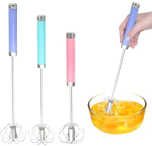 Set di 3 Frusta Semiautomatica a Pressione, Frusta a Mano da 10, 12, 14 Pollici, Frusta in Acciaio Inossidabile, Facili da Pulire per Mescolare, Frullare, Montare, Cucina, Casa (Rosa, Blu, Viola)