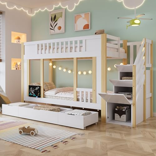LAKFEW Litera de 90x200 cm con 3 Cajones y Escalera de Almacenaje, Cama Infantil Cama Tren para 2 Niños, Literas Juveniles con Pizarra y Protección Anticaída, Blanco+Natural, Sin Colchon