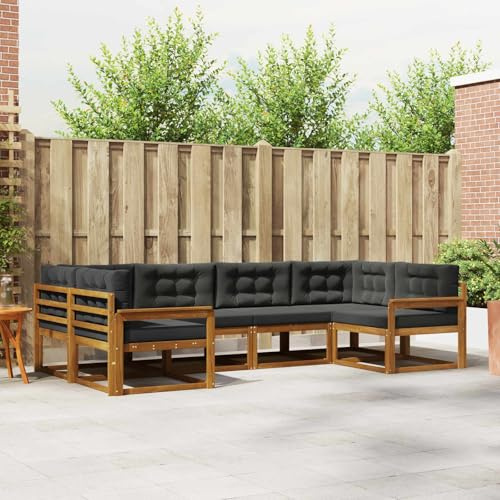 YunCangg Outdoor Sofa Set 6 Pieces Made of Solid Acacia Wood with Cushions in Natural and Anthracite, Weather-Resistant, Comfortable, Ideal for Garden, Patio, Balcony and Relaxed Seating Groups