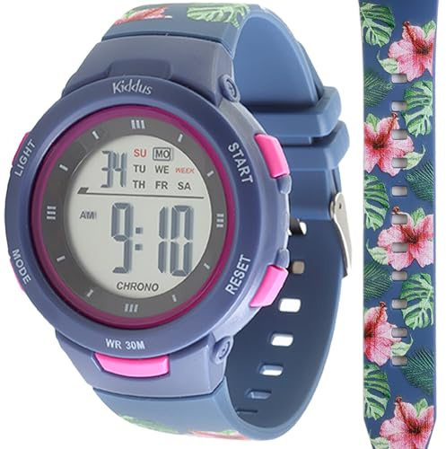 Kiddus Digital Watch for Girls Boys. Stopwatch Calendar Alarm Clock Light. Water Resistant. LED Wristwatch for Children Ages 5 to 12 Years Old. Tropical Flowers