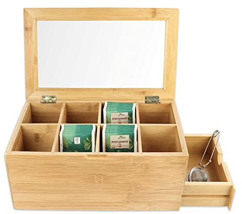 Schramm® Bamboo Tea Box Caja de té Grande con Tapa Plegable 31 x 19 x 14 cm con 8 Compartimentos y cajón
