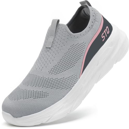 STQ Wide Toe Box Slip on Sneakers Women Cushion Walking Shoes Work Tennis Arch Support Orthopedic Supportive Comfortable Nursing Plantar Fasciitis Gym Workout Non Resistant Grey Pink 7.5 US