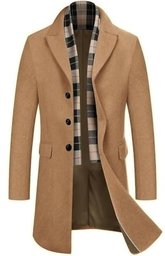 COOFANDY Men's Wool Blend Coat with Detachable Plaid Scarfs Notched Collar Single Breasted Pea Coat Trench Overcoat Coffee XL