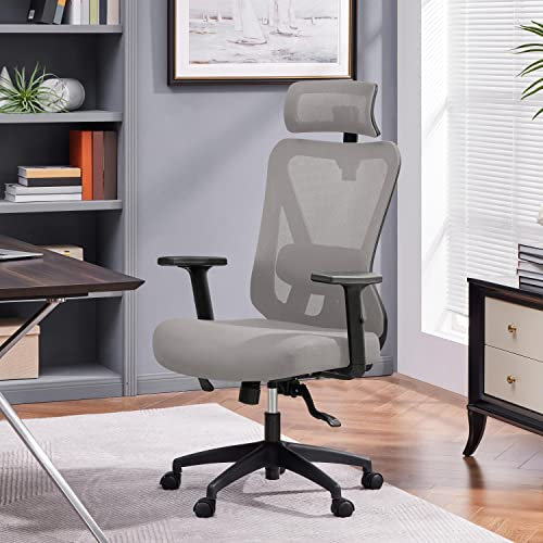 Yaheetech Ergonomic Office Chair Swivel Computer Desk Chair with Adjustable Headrest, Lumbar Support 2D Armrests for Home Office, Light Grey