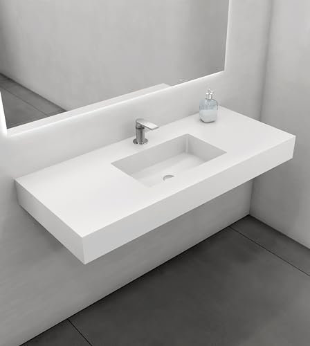 Lavabo sur plan de travail en résine blanc 120x50x12 cm - vasque à poser blanc – Meuble salle de bains avec vasque - Lavabo suspendu en résine