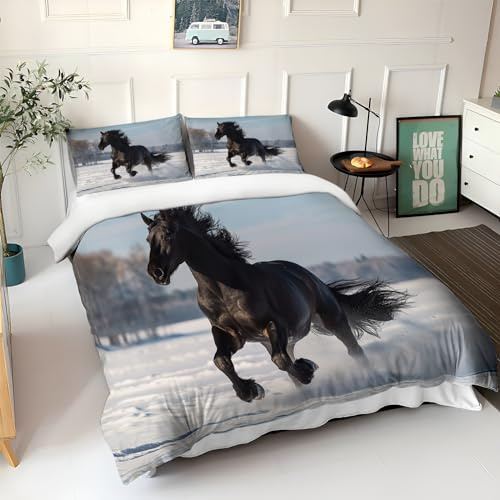 Set di biancheria da letto singolo con federe, stampa animalier, nero, cavallo bianco, morbido e leggero, facile da pulire, morbido e accogliente, decorazione per camera da letto